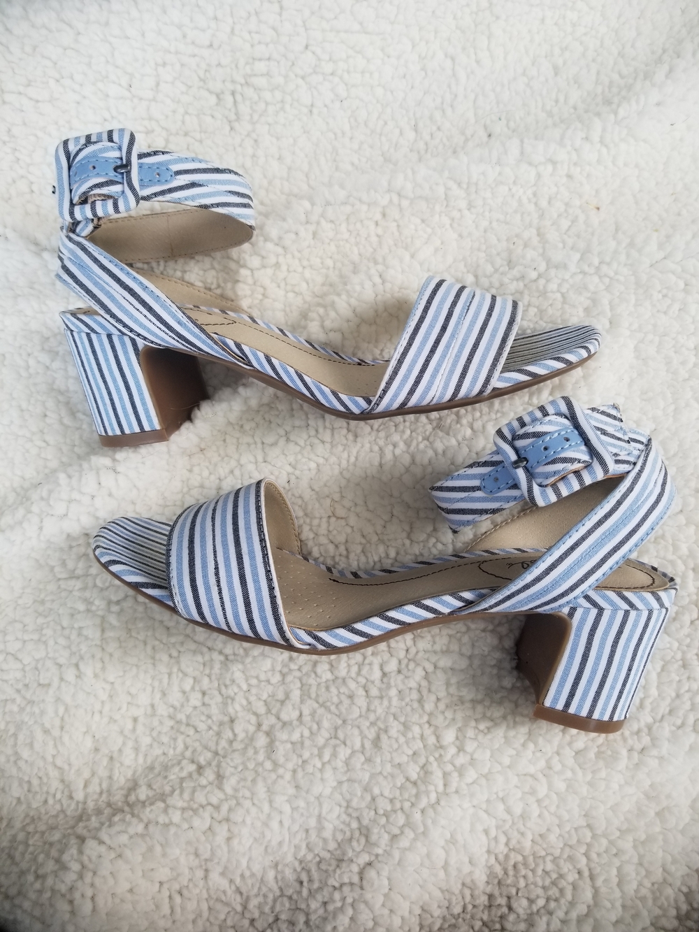 Life Stride Blue, White, Black Striped Ankle-Strap Block Heels